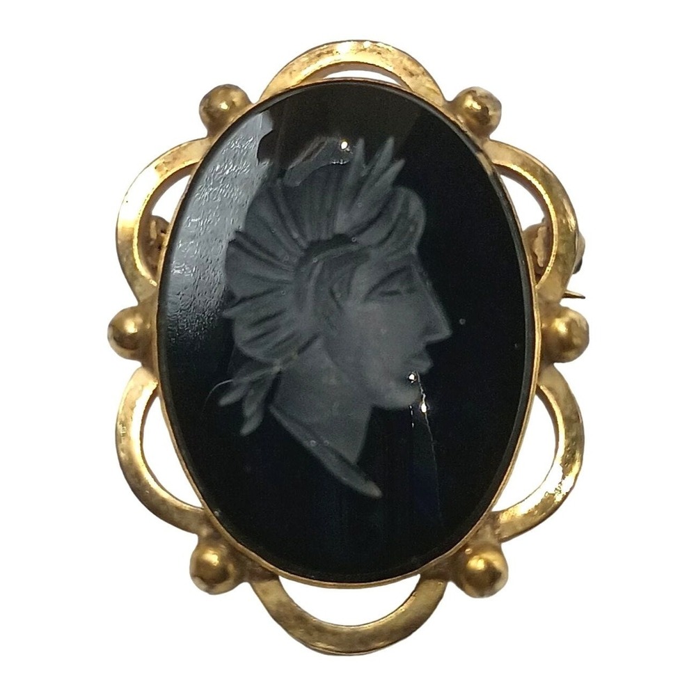 Winard Intaglio Cameo Brooch Pin‎ Pendant Black Glass 12k GF Jewelry Vintage